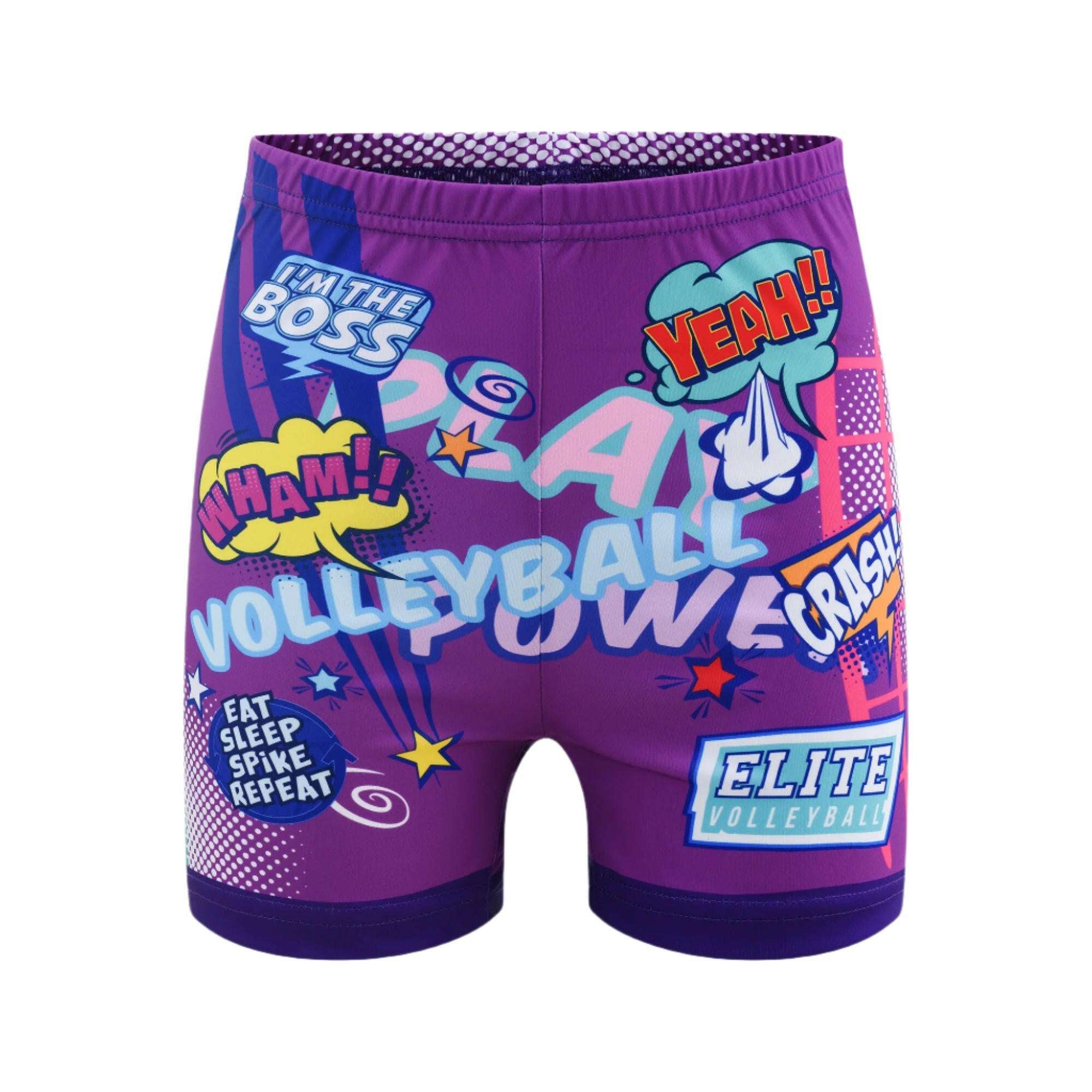 A pair of purple comic short shorts with a playful print, including text and graphics related to volleyball.