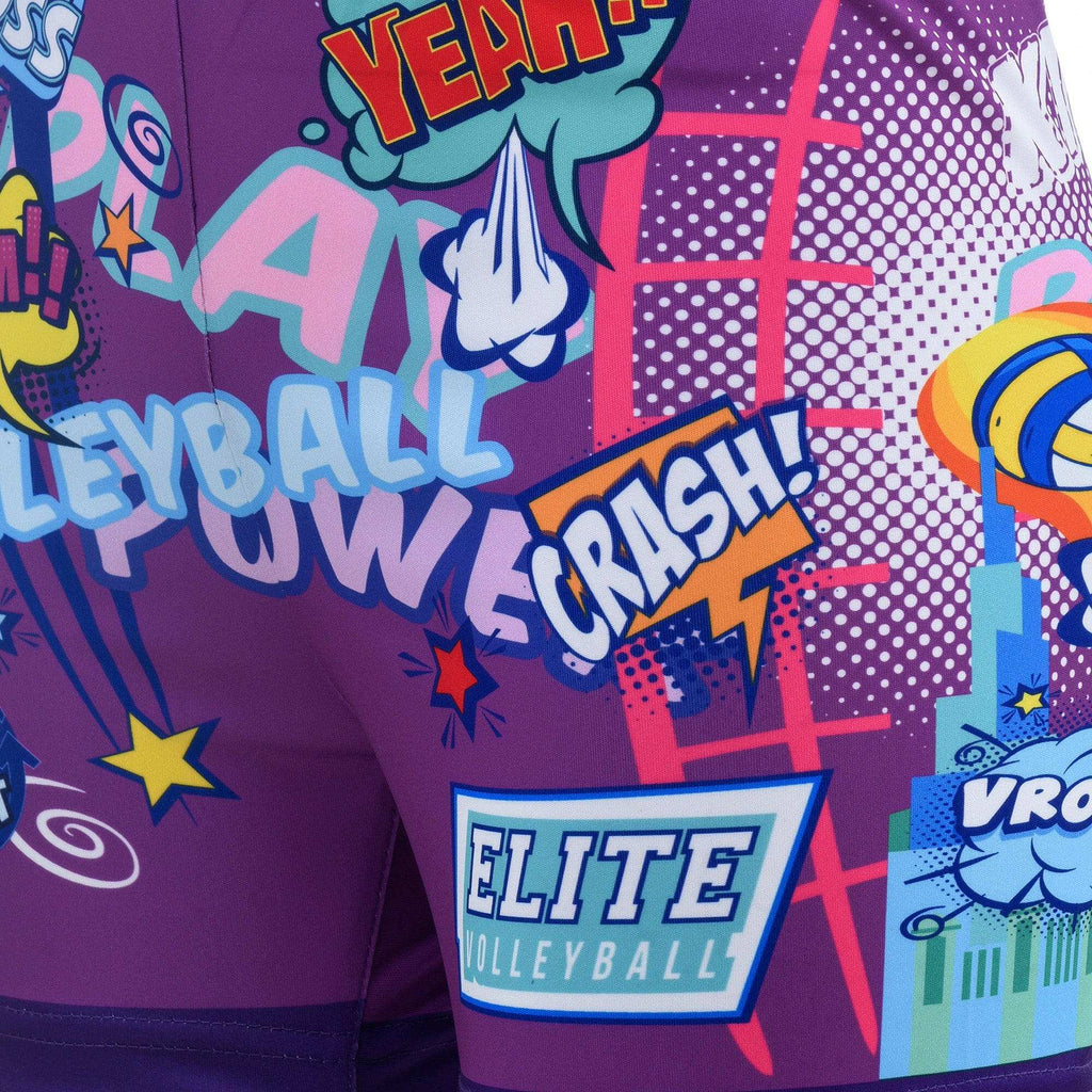 A pair of purple comic short shorts with a playful print, including text and graphics related to volleyball.