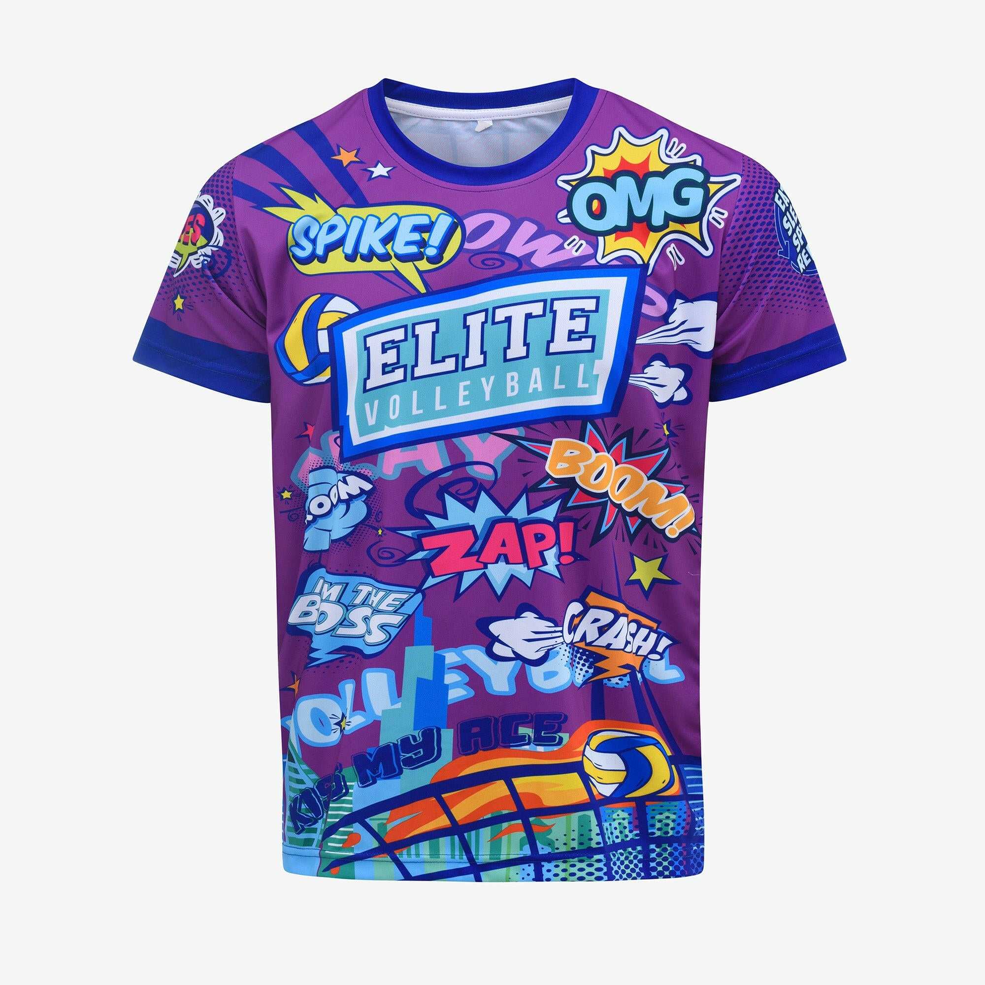 A short-sleeved purple t-shirt for men with a comic book style design featuring text and characters related to volleyball.