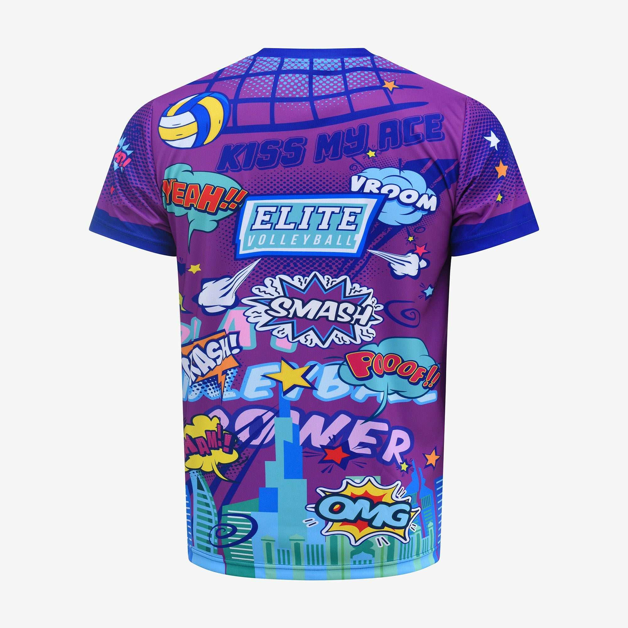 A short-sleeved purple t-shirt for men with a comic book style design featuring text and characters related to volleyball.