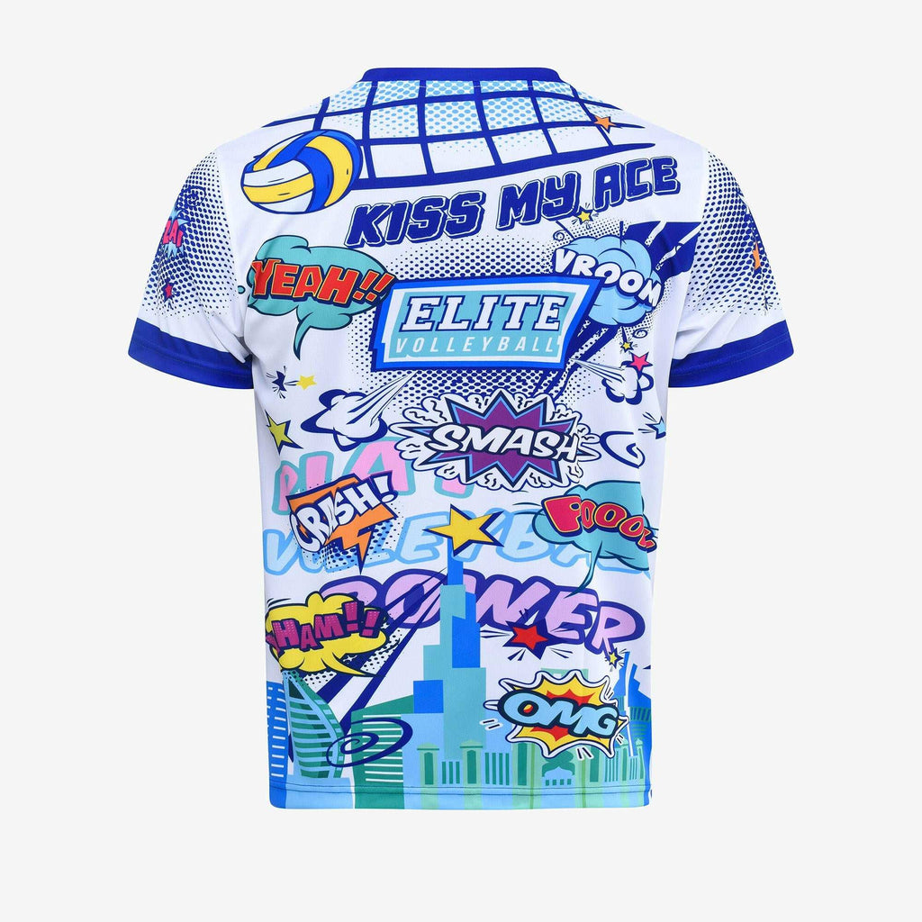 A short-sleeved white t-shirt for men with a comic book style design featuring text and characters related to volleyball.