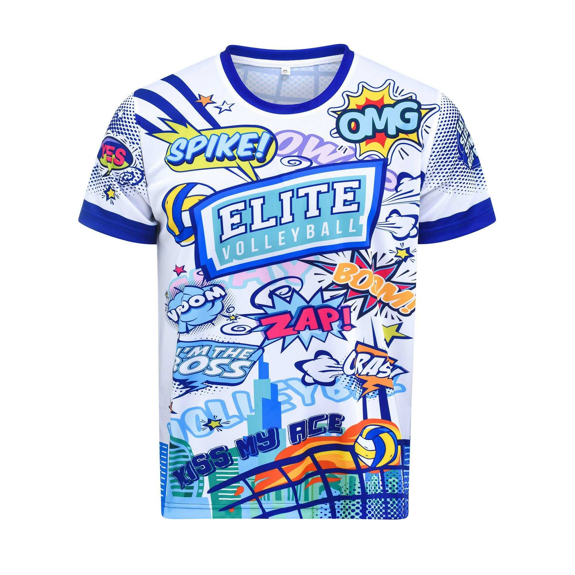 A short-sleeved white t-shirt for men with a comic book style design featuring text and characters related to volleyball.