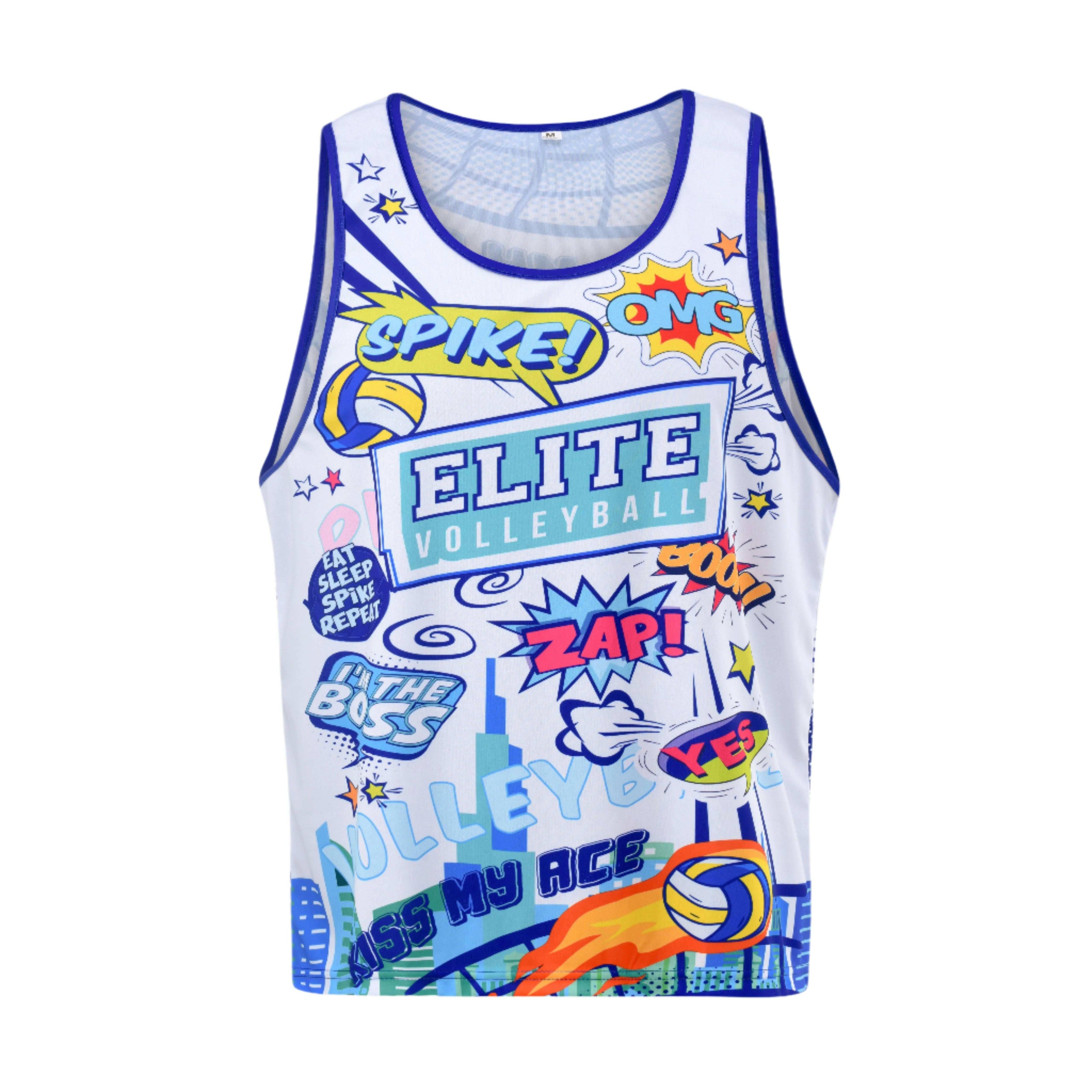 A sleeveless white t-shirt with a comic book style print, featuring text and graphics related to volleyball.