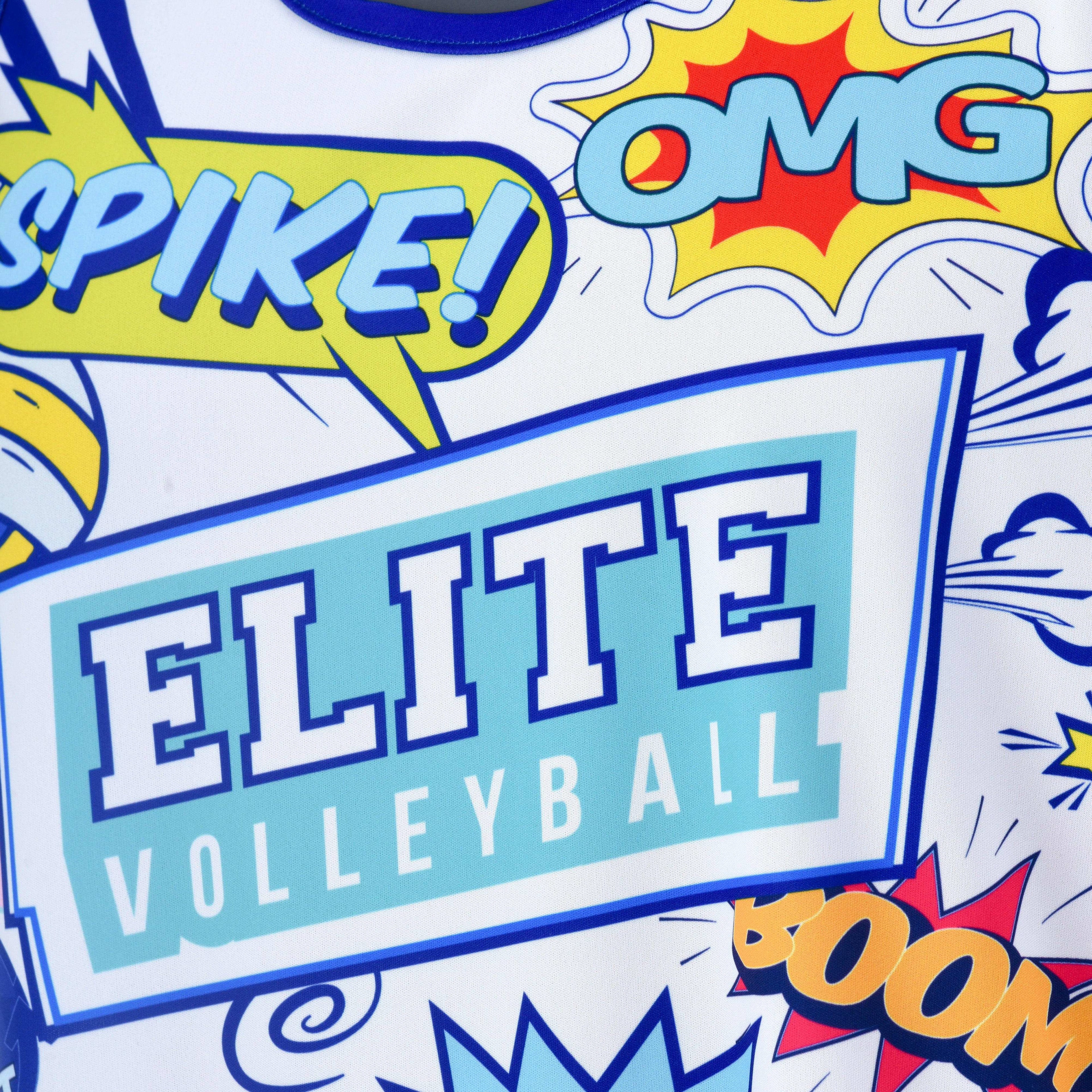 A sleeveless white t-shirt with a comic book style print, featuring text and graphics related to volleyball.