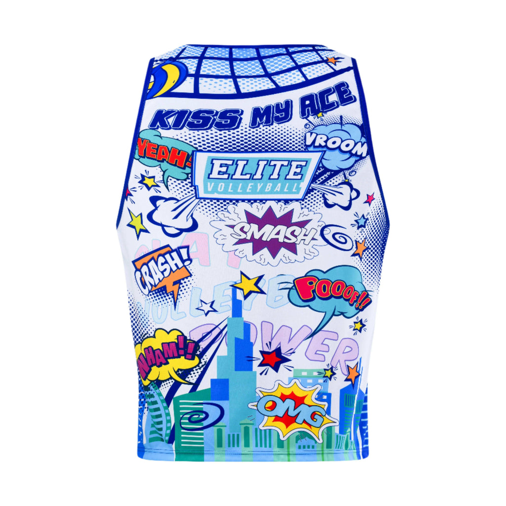 A sleeveless white t-shirt with a comic book style print, featuring text and graphics related to volleyball.