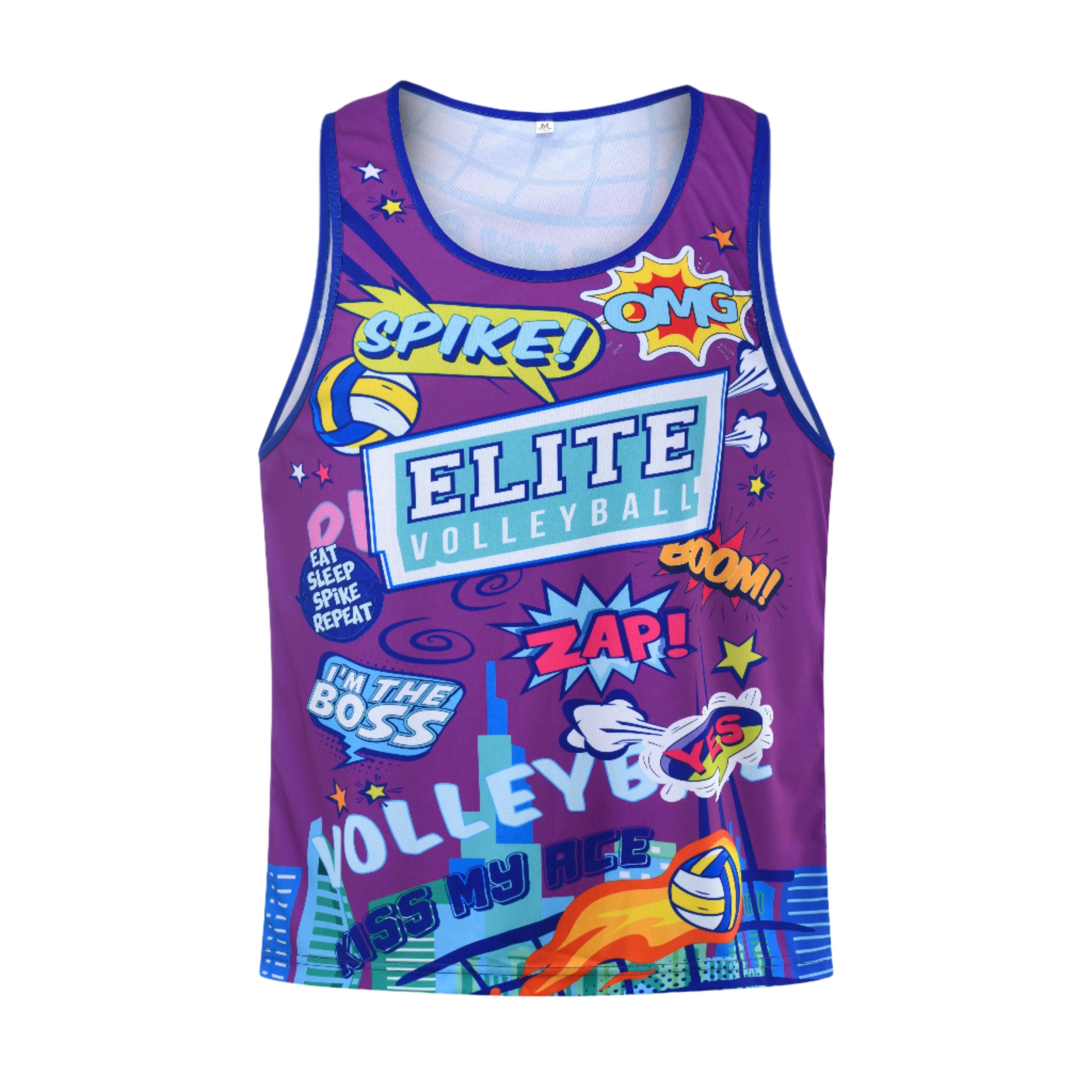 A sleeveless purple t-shirt with a comic book style print, featuring text and graphics related to volleyball.