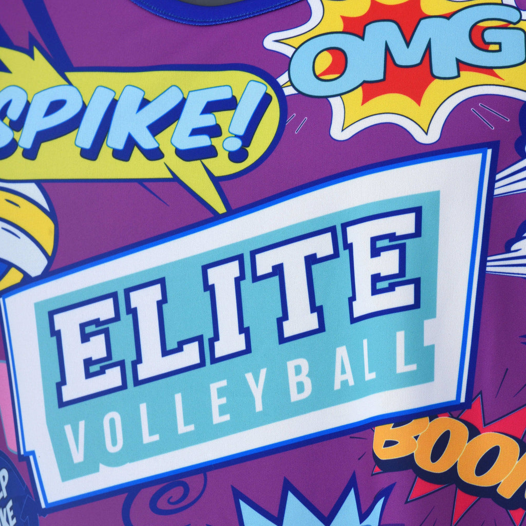 A sleeveless purple t-shirt with a comic book style print, featuring text and graphics related to volleyball.