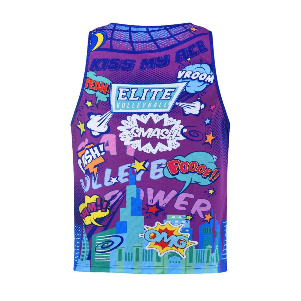 A sleeveless purple t-shirt with a comic book style print, featuring text and graphics related to volleyball.