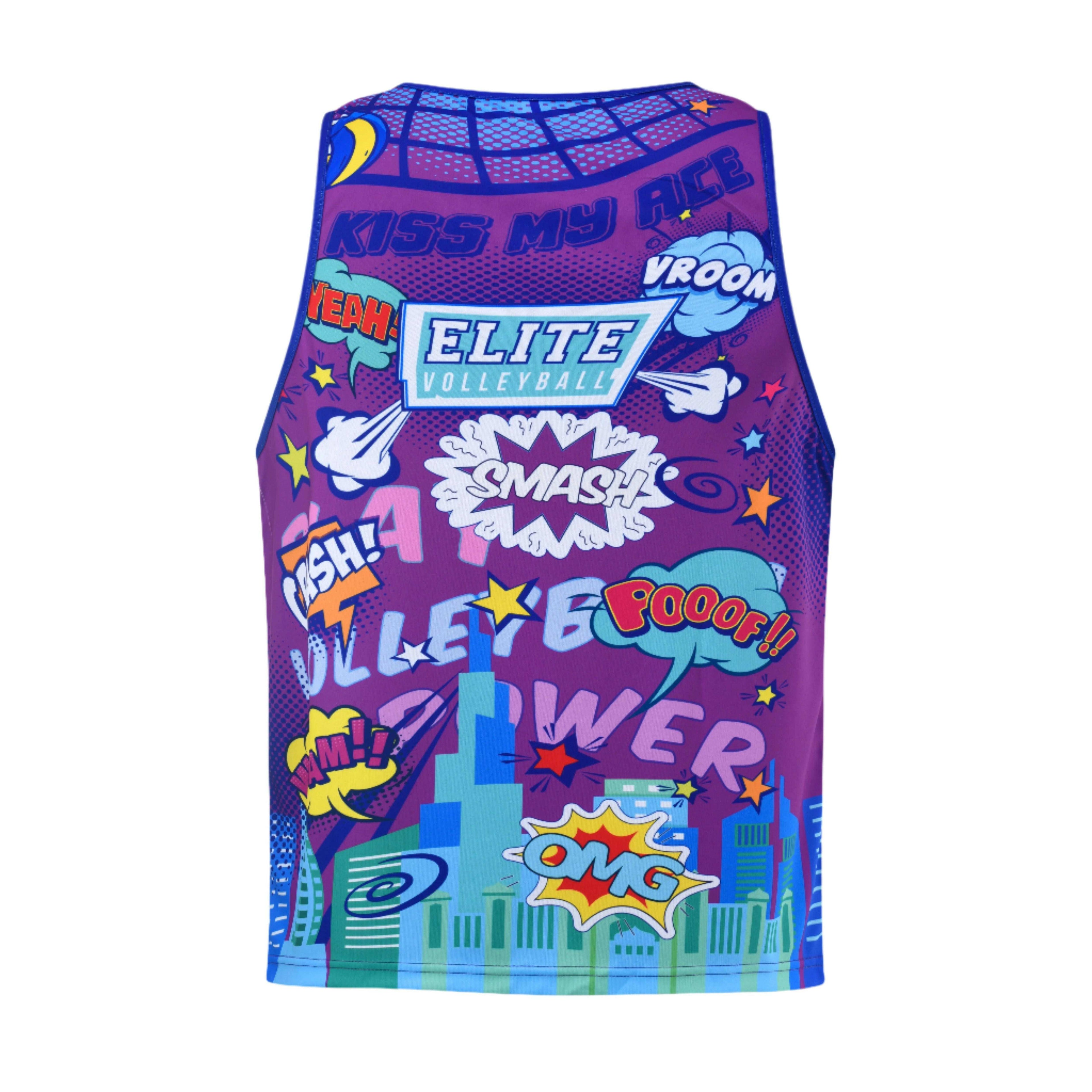 A sleeveless purple t-shirt with a comic book style print, featuring text and graphics related to volleyball.